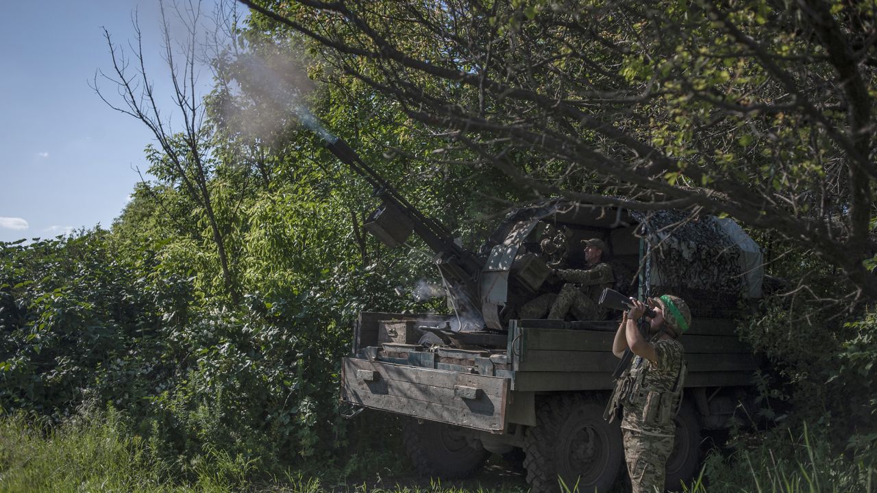 Ukrainian soldiers fire at the Russian air target on the frontline near Bakhmut, in the Donetsk region, Ukraine, on June 5.