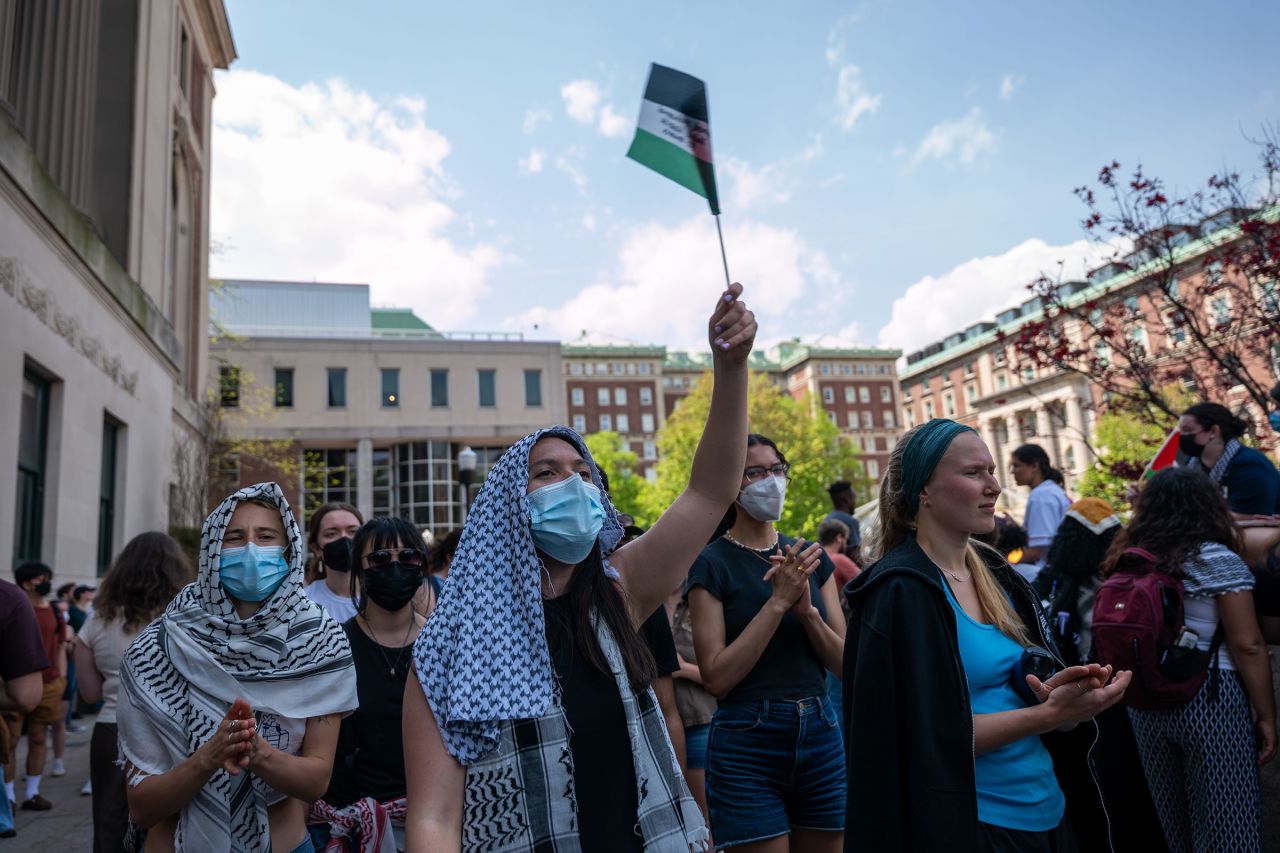 Pro-Palestinian supporters continue to demonstrate on the campus of Columbia University on April 29. Columbia University issued a notice to the protesters asking them to disband their encampment.?