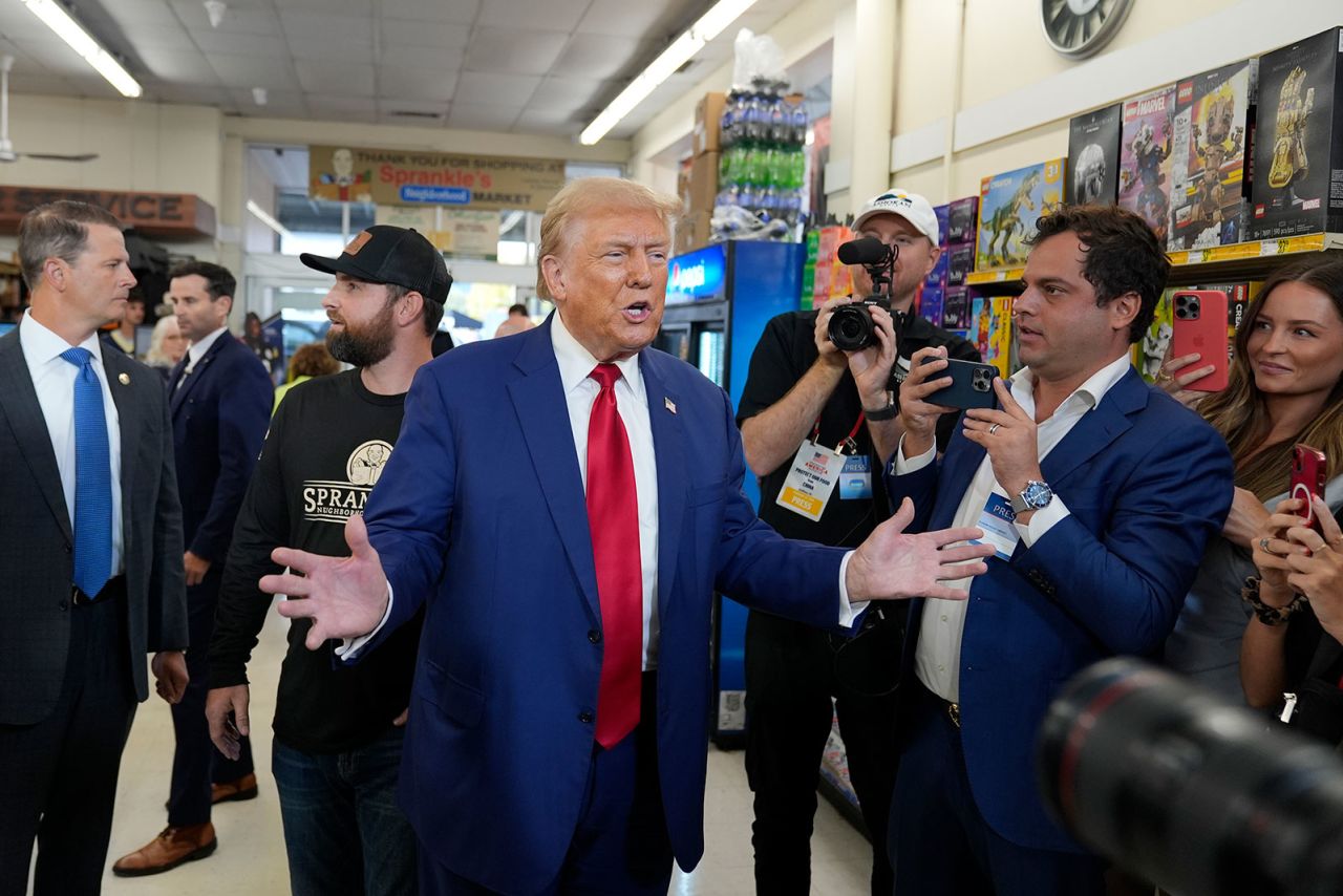 Former President Donald Trump talks as he visits Sprankle's Neighborhood Market in Kittanning, Pennsylvania, on Monday, September 23.