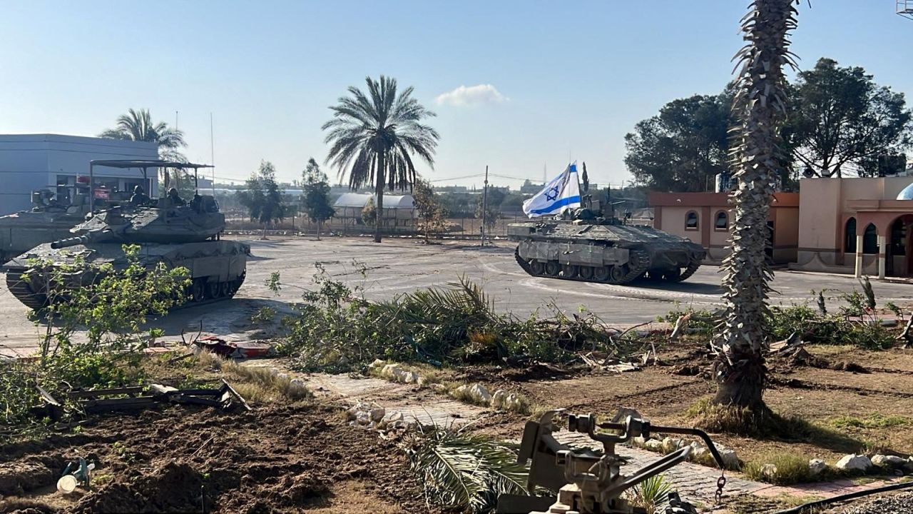 Israeli military vehicles operate in the Gazan side of the Rafah crossing in this image released on May 7. 