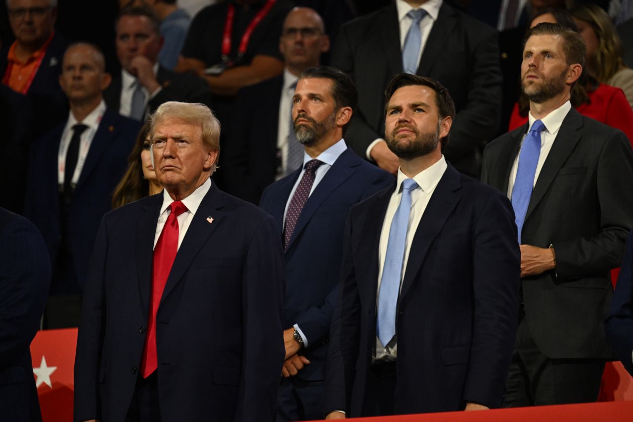 Donald Trump and JD Vance are seen at the 2024 Republican National Convention at the Fiserv Forum in Milwaukee, Wisconsin, on Monday, July 15, 2024.