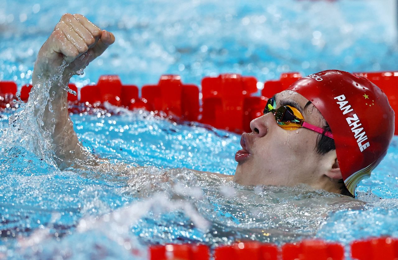 Zhanle Pan of Team China celebrates after winning the Men's 100m Freestyle Final and setting a new world record on July 31.