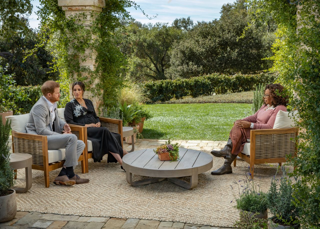 In this handout image released on March 5, Oprah Winfrey interviews Prince Harry and Meghan Markle.