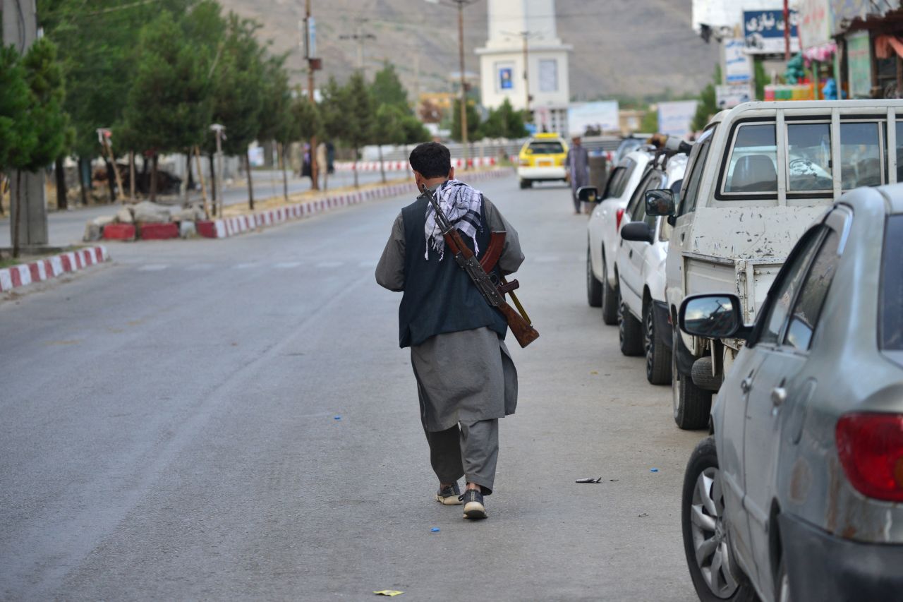 A member of Afghan security force walks through a road in Panjshir province on Sunday. 