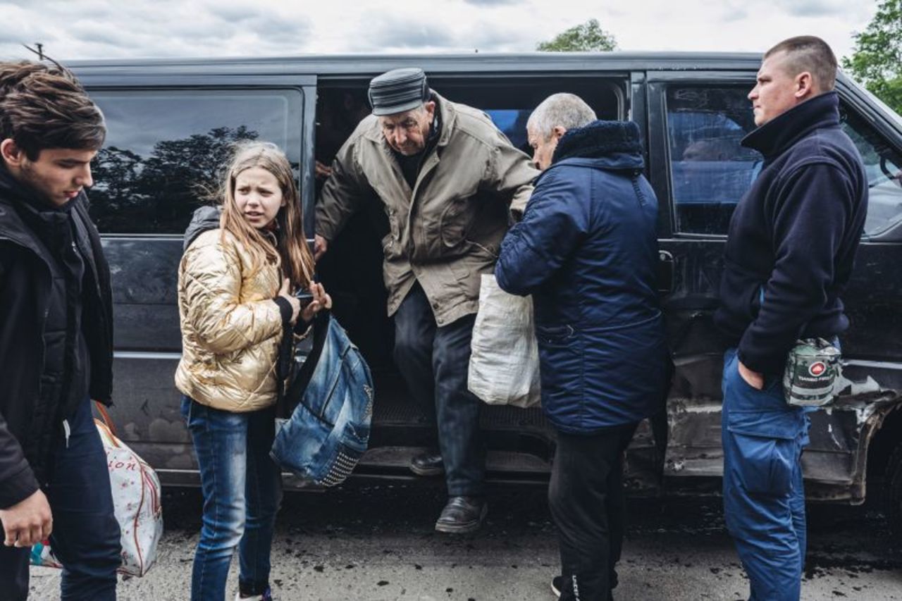 A man gets out of an evacuation van in Sloviansk, Donetsk Oblast, Ukraine, on May 21.
