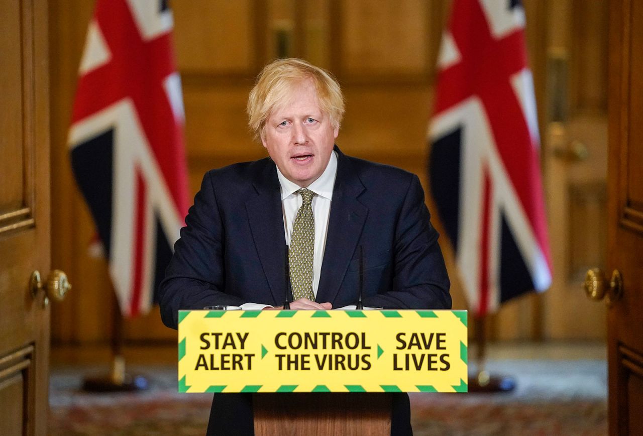 In this photo issued by 10 Downing Street, UK Prime Minister Boris Johnson speaks during a coronavirus news briefing in London on Sunday, May 24.