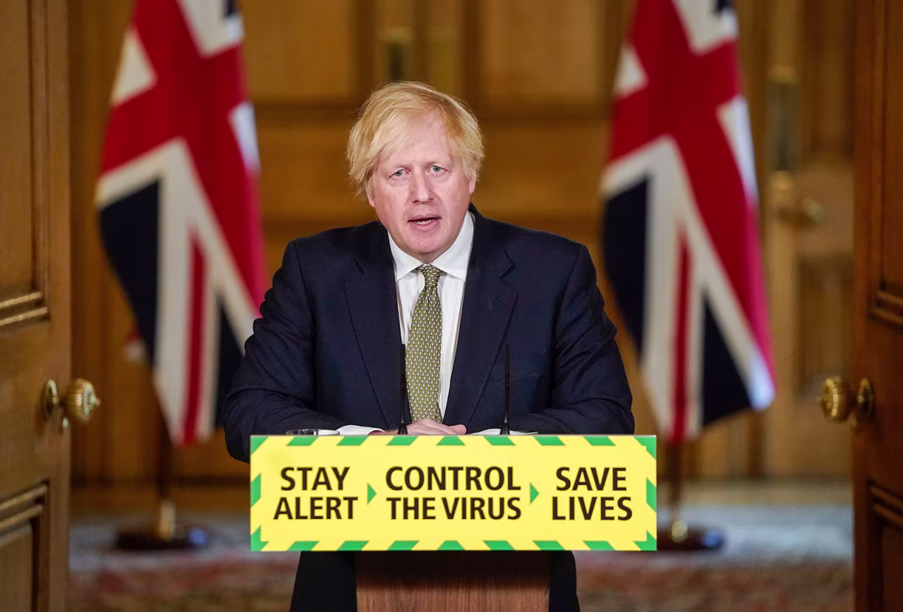 In this photo issued by 10 Downing Street, UK Prime Minister Boris Johnson speaks during a coronavirus news briefing in London on Sunday, May 24.
