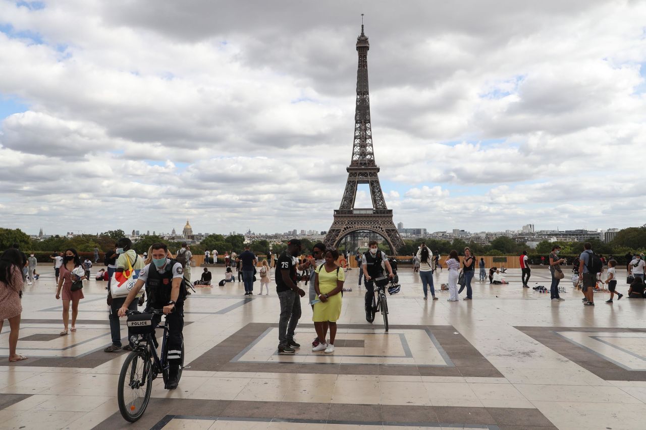 Bicycle police patrol on the Trocadero esplanade, near the Eiffel Tower in Paris, on August 24.