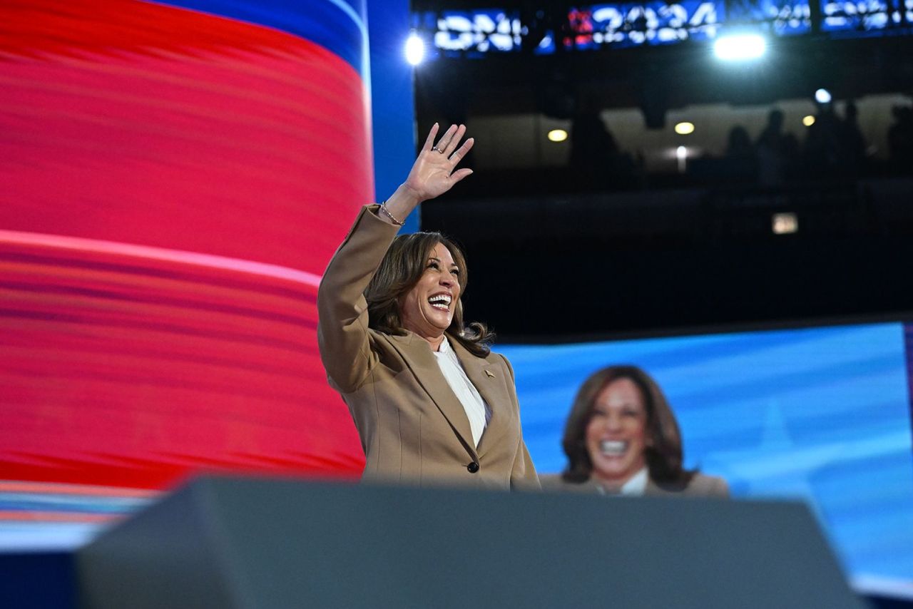 Vice President Kamala Harris speaks during the Democratic National Convention at the United Center in Chicago on August 19.