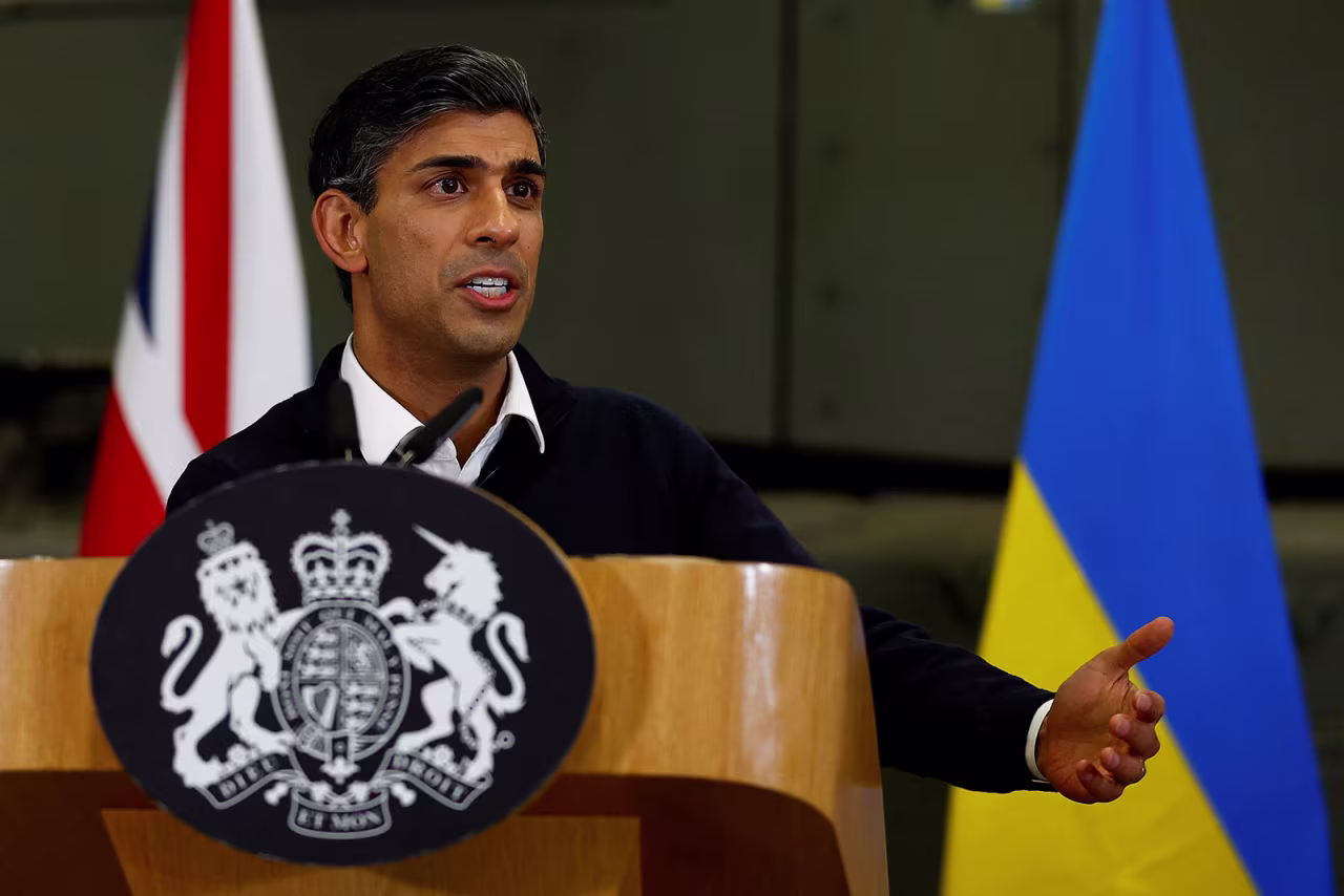 British Prime Minister Rishi Sunak and Ukrainian President Volodymyr Zelensky hold a news conference at a military facility on February 8 in Dorset, England. 