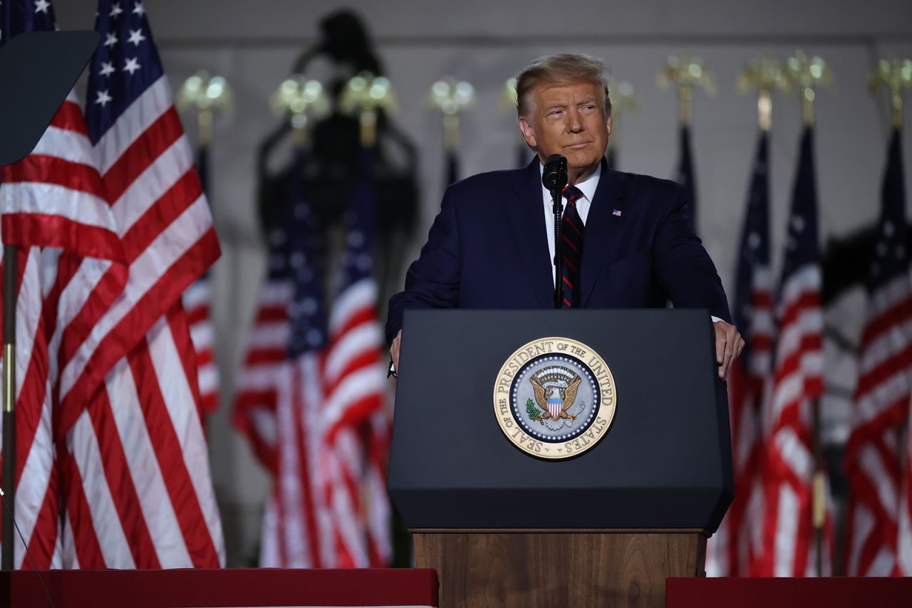 President Donald Trump delivers his acceptance speech for the Republican presidential nomination on the South Lawn of the White House on August 27, in Washington.
