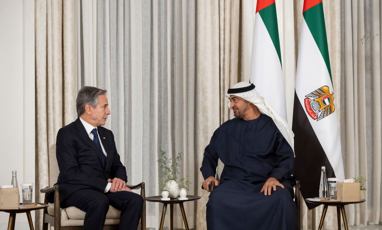 US Secretary of State Antony Blinken meets with United Arab Emirates President Mohamed bin Zayed Al Nahyan in Abu Dhabi, United Arab Emirates, on Saturday. 