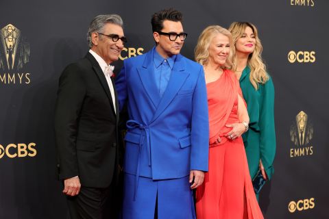 Eugene Levy, Dan Levy, Catherine O'Hara, and Annie Murphy of "Schitt's Creek" attend the 73rd Primetime Emmy Awards on Sunday, in Los Angeles, California. 