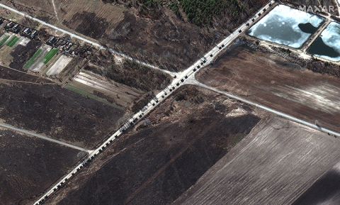 Satellite images show a Russian military convoy that has reached the outskirts of Kyiv is more than 40 miles long.