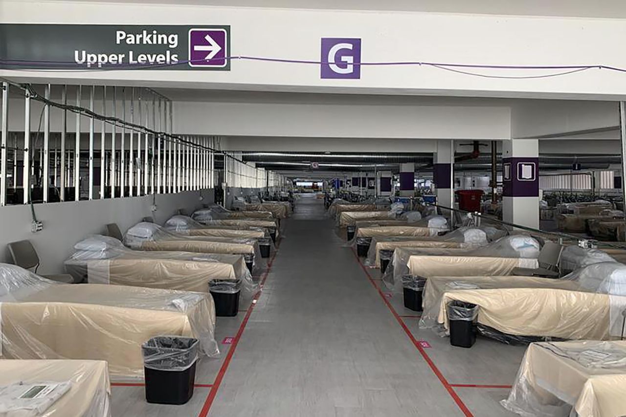 Hospital beds are pictured inside Renown Regional Medical Center's parking garage, which has been transformed into an alternative care site for Covid-19 patients, in Reno, Nevada, on November 11.