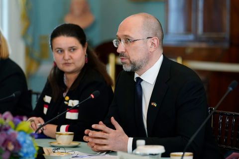 Prime Minister of Ukraine, Denys Shmyhal, speaks during his meeting with Secretary of State Antony Blinken at the State Department in Washington, on Friday, April 22.