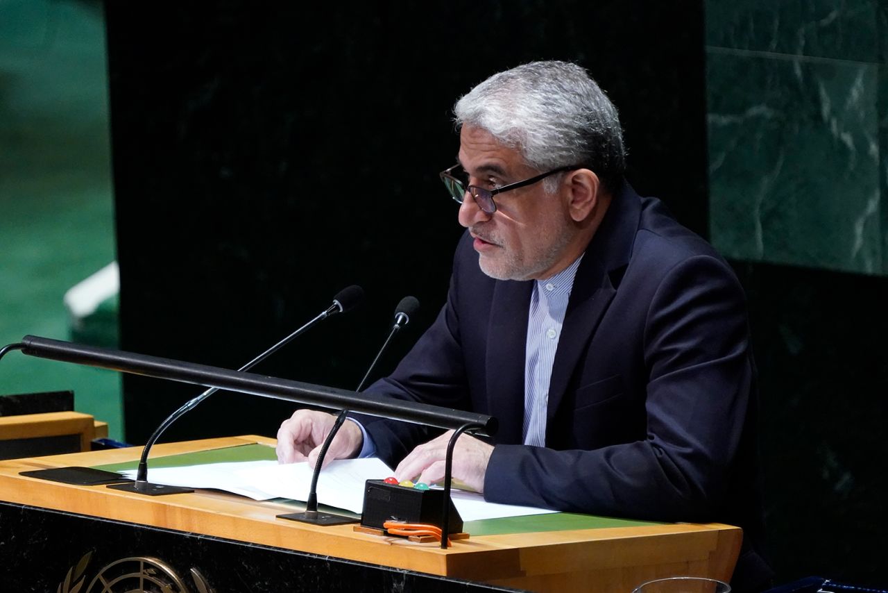 Iranian Ambassador to the United Nations Saeed Iravani speaks at the United Nations headquarters on May 30, in New York City.?