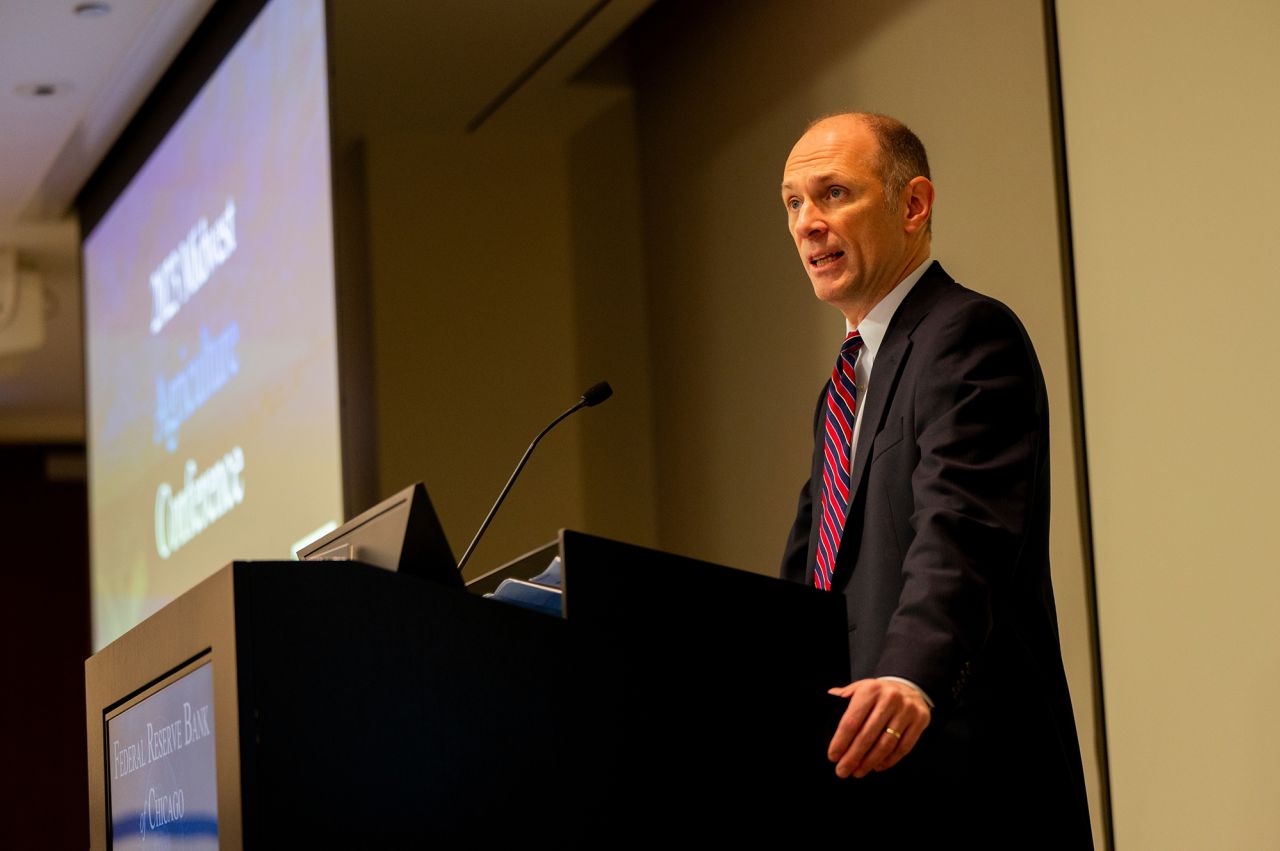 Austan Goolsbee, president and chief executive officer of the Federal Reserve Bank of Chicago, speaks during the Midwest Agriculture Conference at the Federal Reserve Bank of Chicago in Chicago, Illinois, on Nov. 28, 2023. 