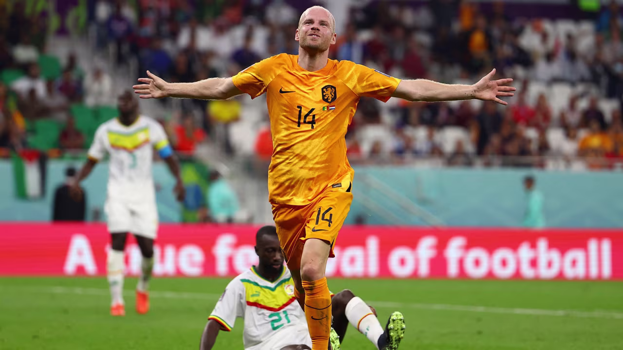 Netherlands' Davy Klaassen celebrates scoring their second goal during a match against Senegal on November 21.