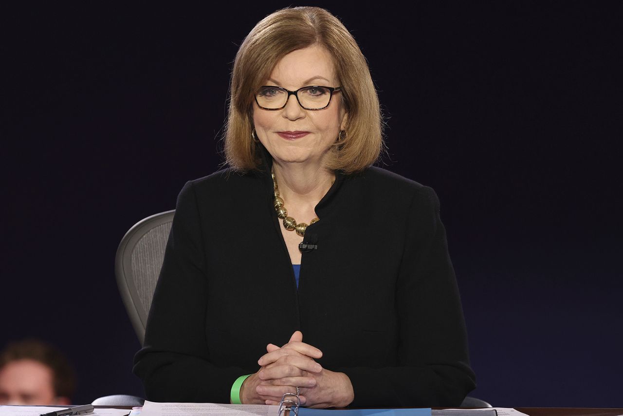 Moderator USA Today Washington Bureau Chief Susan Page takes her seat for the vice presidential debate between Democratic vice presidential candidate Sen. Kamala Harris and Vice President Mike Pence at the University of Utah Wednesday in Salt Lake City.