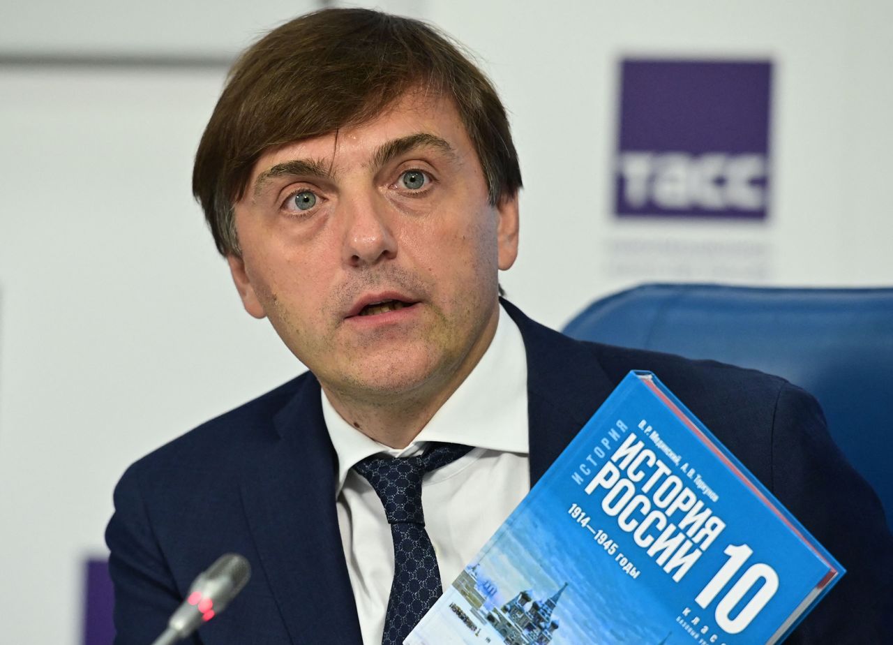 Russian Education Minister Sergey Kravtsov at a news conference presenting new textbooks for high-school students on world and Russian history in Moscow on August 7.