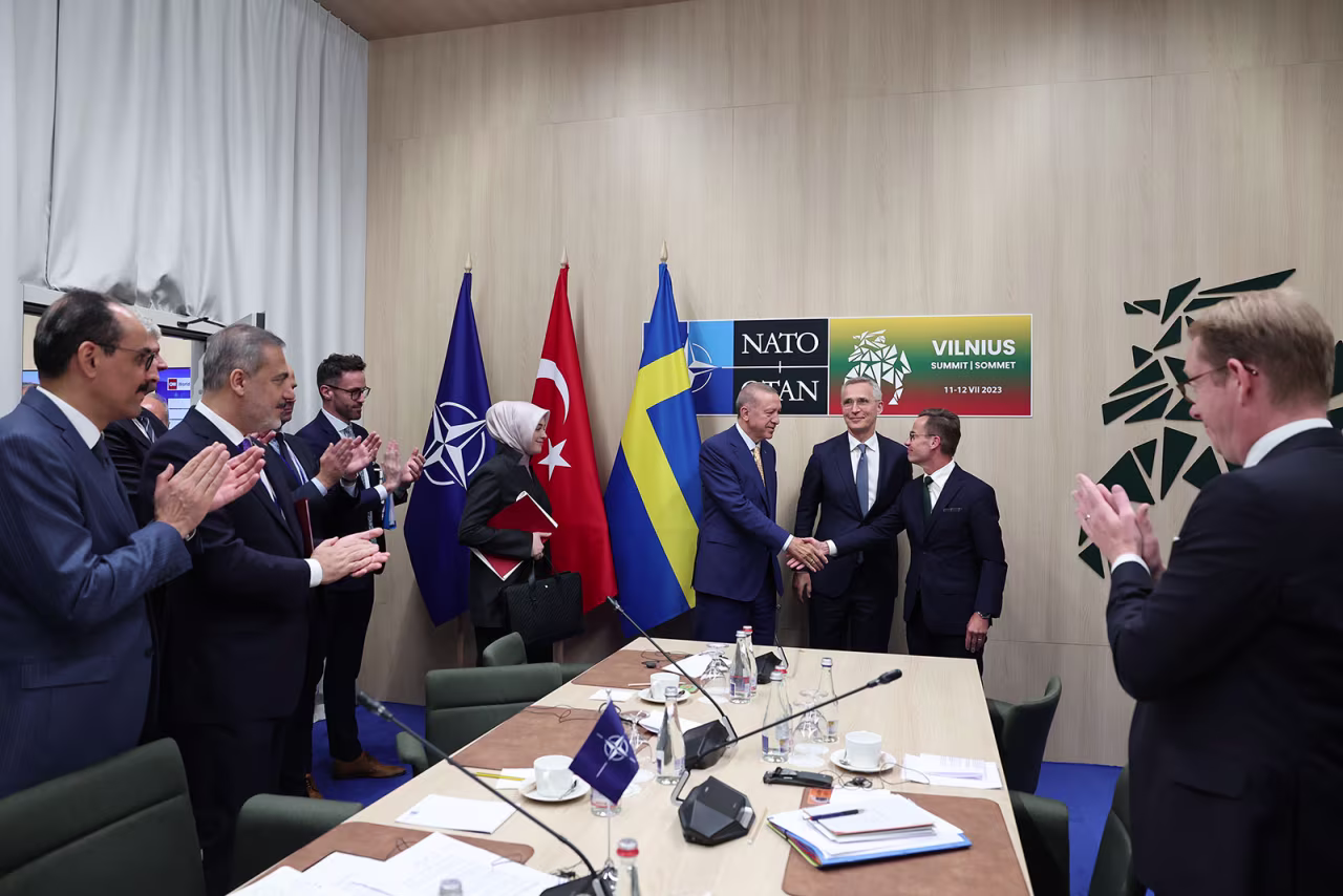 Turkish President Recep Tayyip Erdogan meets with NATO Secretary General Jens Stoltenberg and Swedish Prime Minister Ulf Kristersson in Vilnius, Lithuania, on July 10.