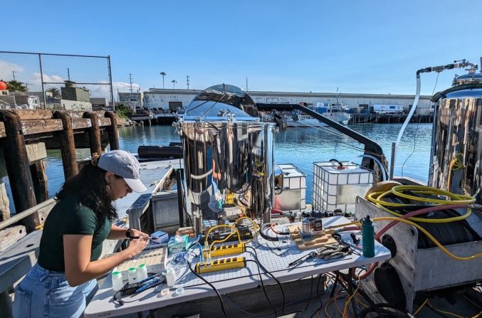 US company Calcarea is developing technology to remove carbon dioxide from the exhaust of cargo ships. Pictured is a prototype reactor at the Port of Los Angeles. <strong>Scroll through the gallery to see more innovations that are helping to make transport greener.</strong>