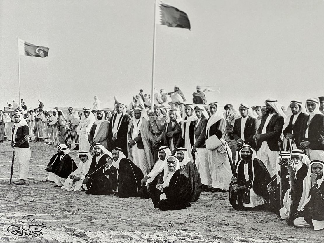 Sheikh Zayed and Sheikh Rashid watching a camel race in Sharjah, 1968.