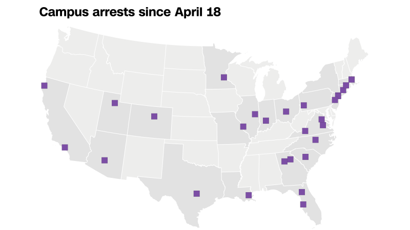 Карта: Къде са арестувани университетски протестиращи в Съединените щати