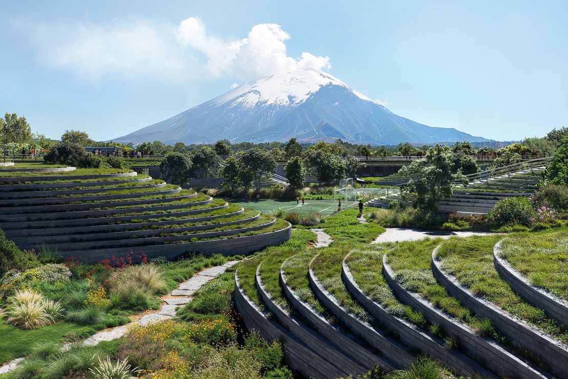 The Popocatépetl volcano will be visible from the stepped roofs of the serene Canadian School.