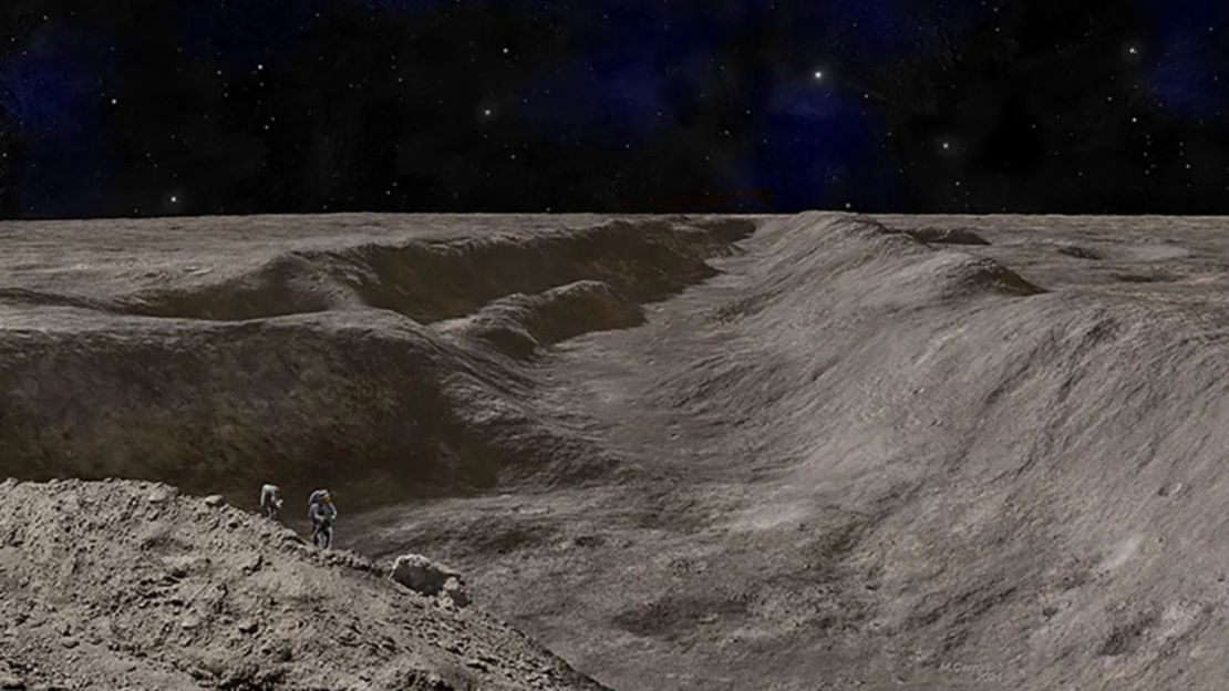 Impresión artística que muestra a astronautas de pie en el borde del cañón Vallis Schrödinger.