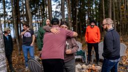 USA. RAYMOND, ME - October 26, 2024:
Two attendees of the the Sad Dads Club  retreat in Raymond, Maine, hug on Saturday, October 26, 2024. Sad Dads Club is a 501(c)(3) bereavement organization dedicated to bringing joy back into the lives of fathers grieving the loss of a child while honoring the children who have died. Twice annually, twenty “Sad Dads” gather for a weekend-long retreat.
CREDIT: Christopher Capozziello