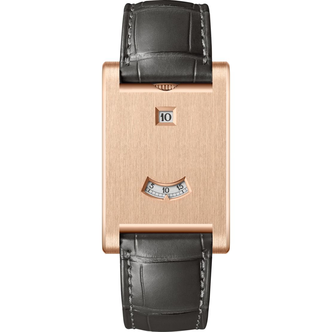 Cartier's deceptively minimal Tank à Guichets watch features no dial and no hands.