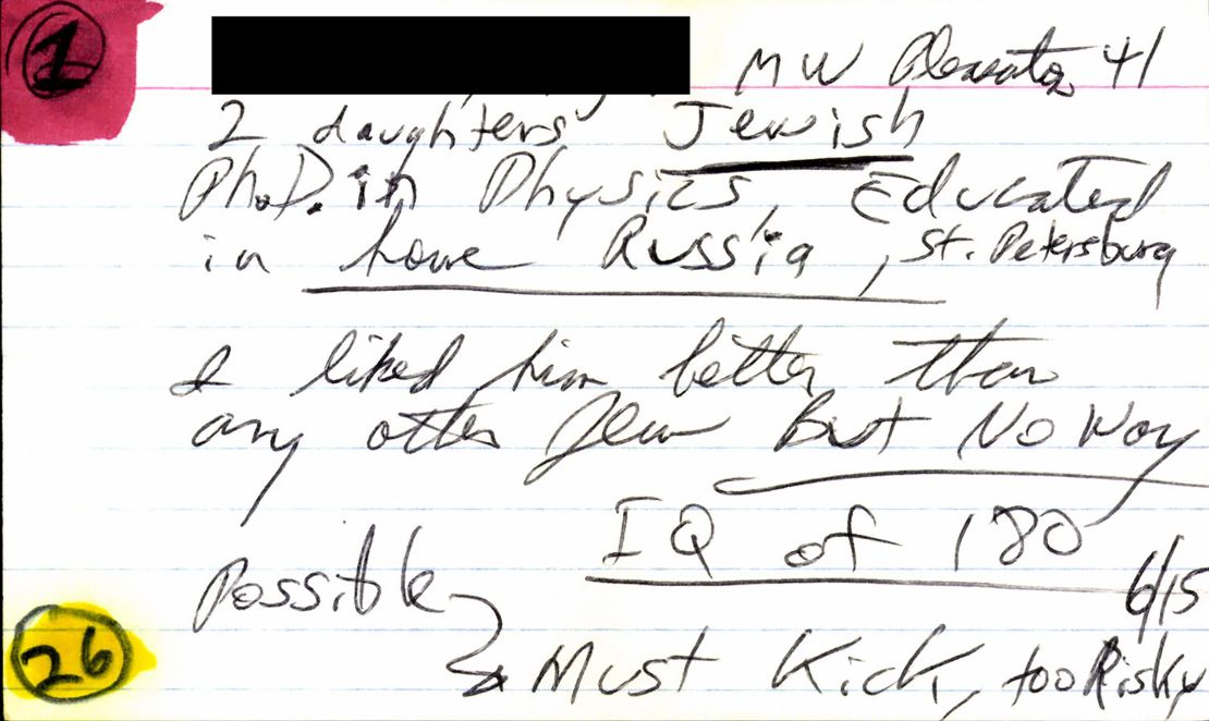 A note about a potential juror is seen. A portion of the note has been redacted by Brian Pomerantz to protect the potential juror's privacy.