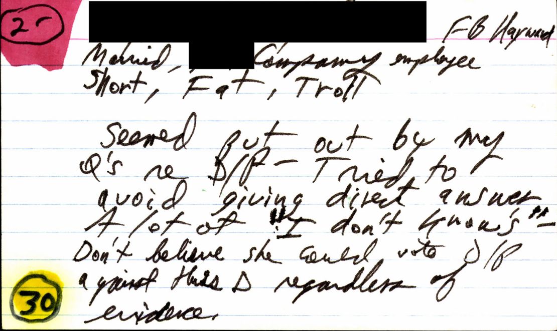 A note about a potential juror is seen. A portion of the note has been redacted by Brian Pomerantz to protect the potential juror's privacy.