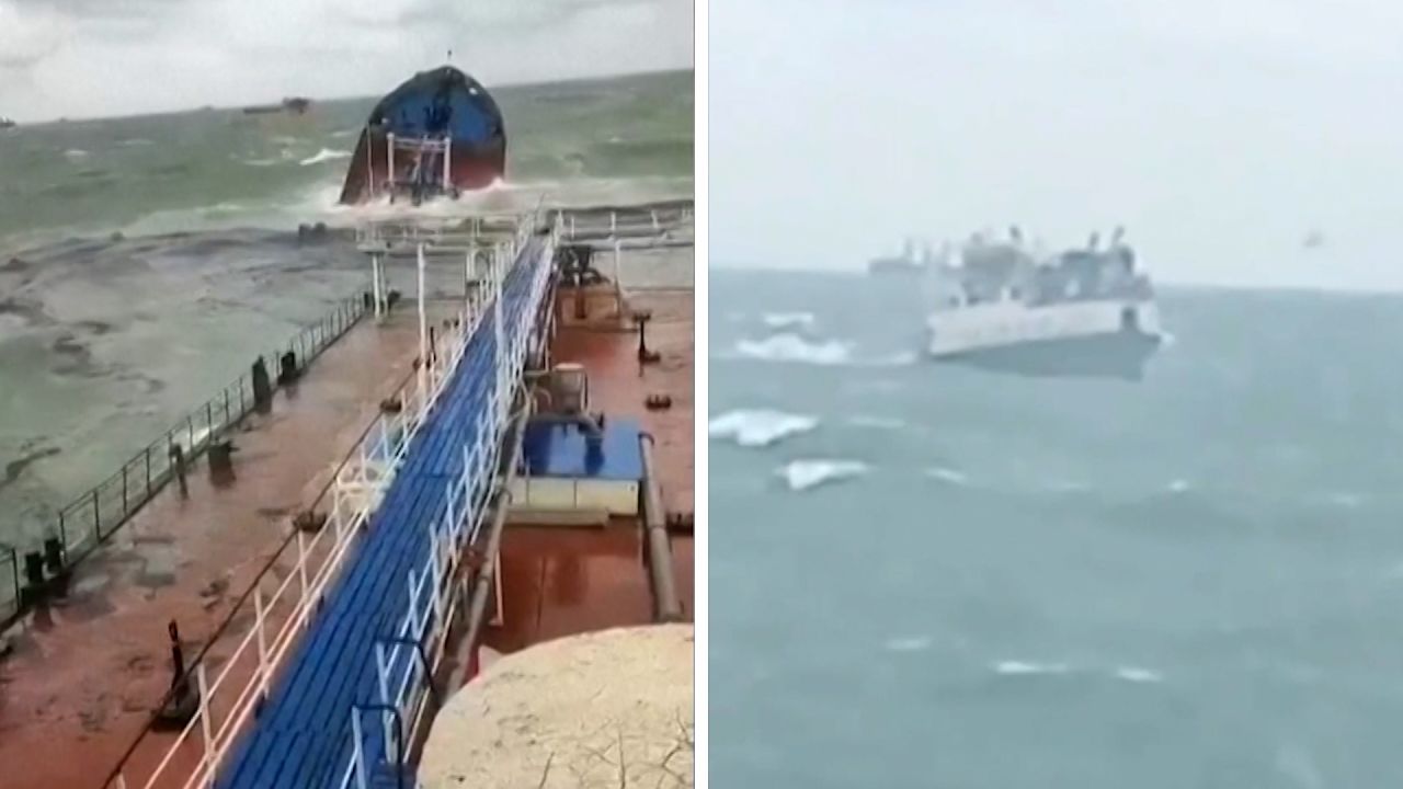 Video appears to show Russian cargo ship split in two, sinking near ...