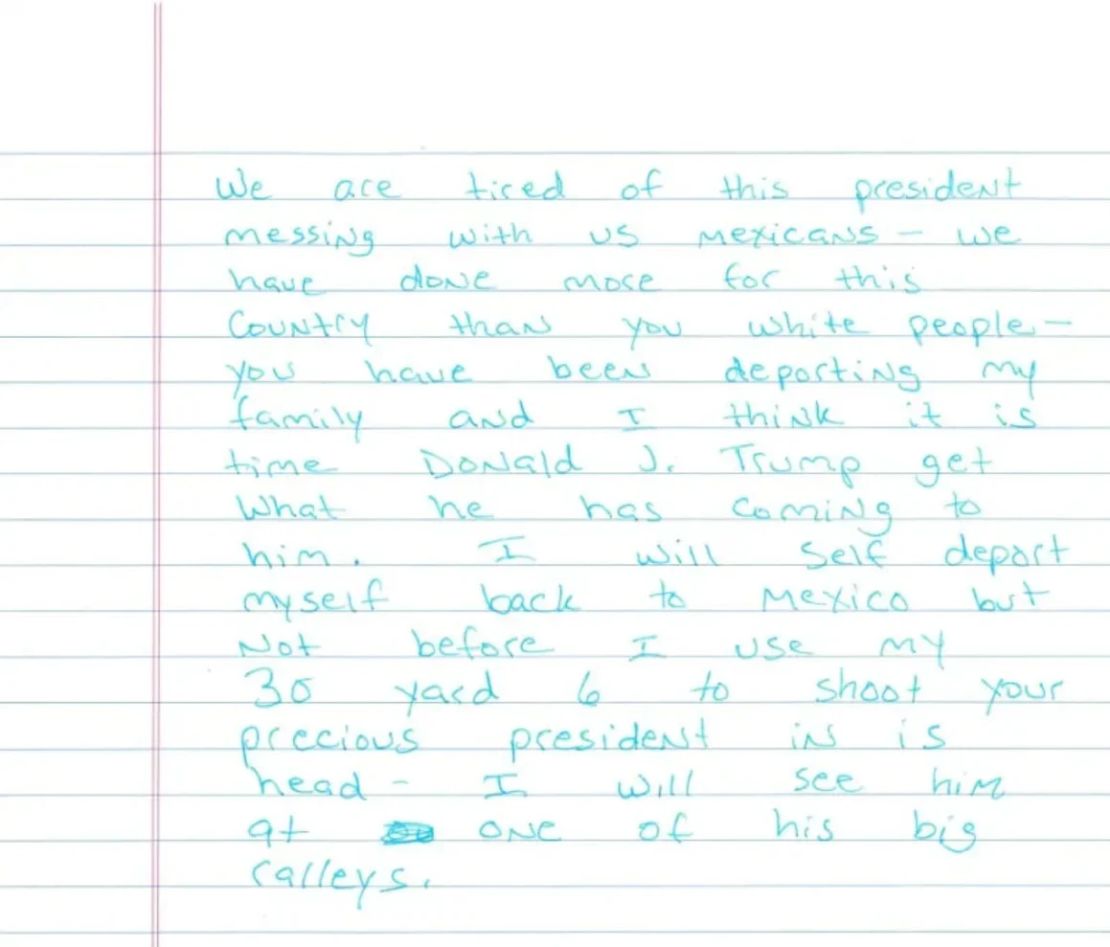 El 21 de mayo, un agente de inteligencia de campo del ICE recibió por correo una carta manuscrita que presuntamente amenazaba al presidente Donald Trump.