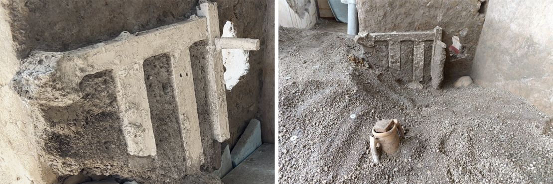 Archaeologists made a plaster cast of a bed frame that was pushed against a doorway by the home's inhabitants.