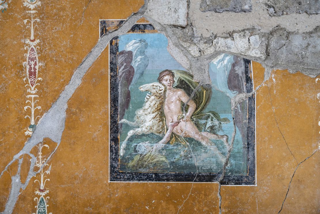 In the fresco, Helle can be seen reaching for her brother Phrixus' hand as she falls toward the sea.