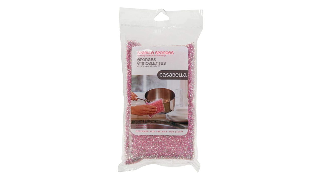 A pink sponge in its plastic packaging.