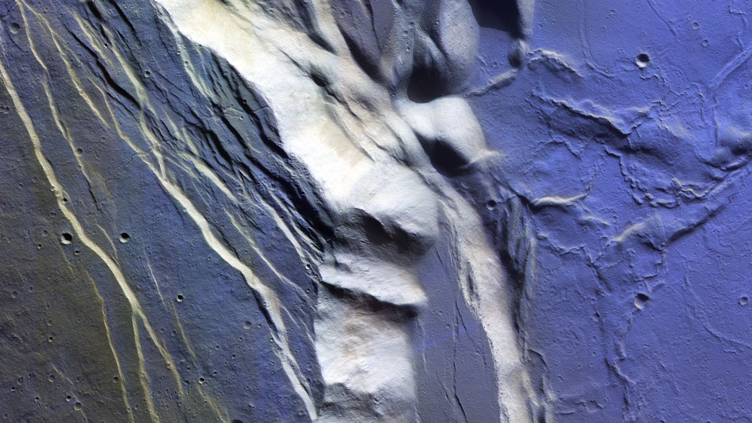 A high-resolution (4.5 m/pixel) CaSSIS color image reveals frost on the caldera floor and northern rim of Olympus Mons, the tallest volcano not only on Mars but in the entire solar system. Frost is absent on the well-lit steep slopes.