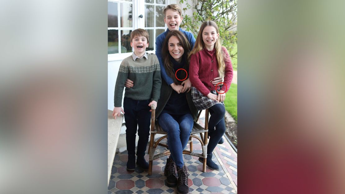 This undated photo released by Kensington Palace on March 10, 2024, shows Catherine, Princess of Wales, with her children. The circled areas appear to show evidence of potential manipulation.