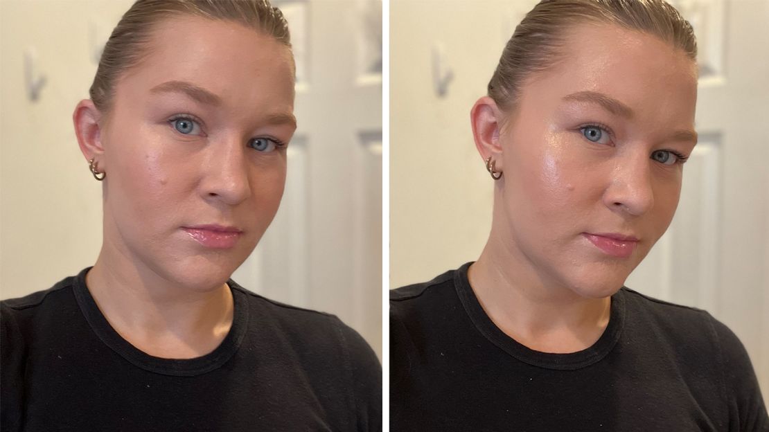 No filter product (left). Catrice Soft Glam Filter Fluid in 015 Light applied to the cheek and brow areas (right).