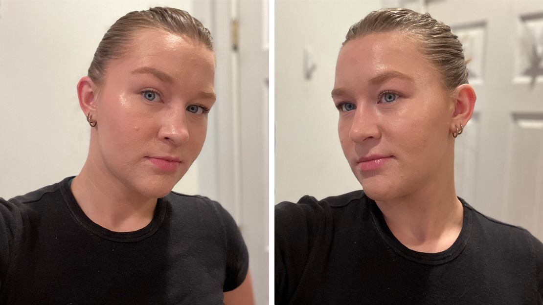 Catrice Soft Glam Filter Fluid on cheek and brow after four hours of wear (left). Charlotte Tilbury Flawless Filter on cheek and brow after four hours of wear (right).