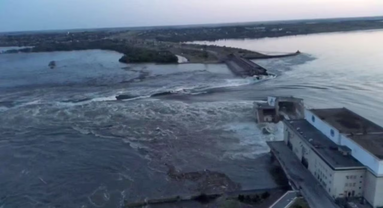 The breach in the Nova Kakhovka dam is seen in a screen grab taken from a video obtained by Reuters.