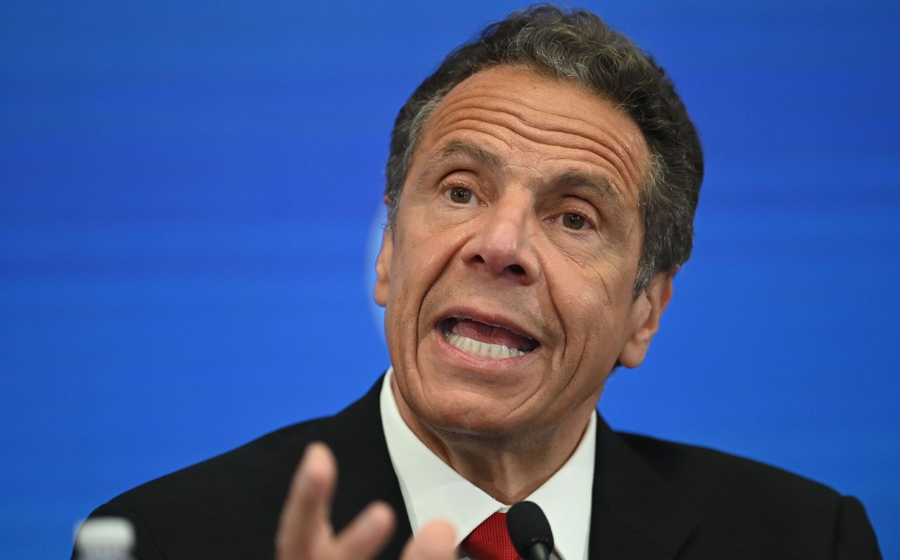 Governor of New York Andrew Cuomo speaks during a press conference at the New York Stock Exchange on May 26, at Wall Street in New York City.