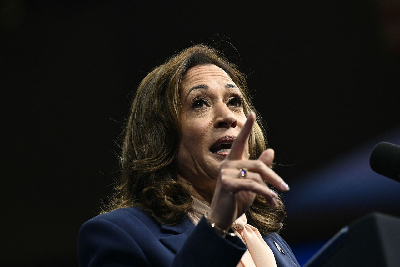 US Vice President and 2024 Democratic presidential candidate Kamala Harris speaks at Temple University's Liacouras Center in Philadelphia, on Tuesday, August 6.