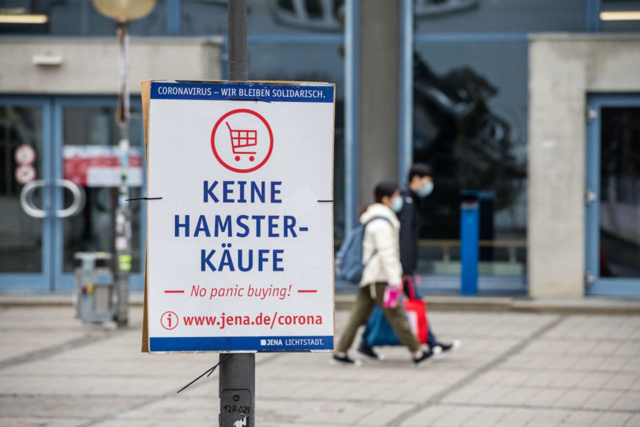 A poster that reads 'no panic bying' on April 3, in Jena, Germany.