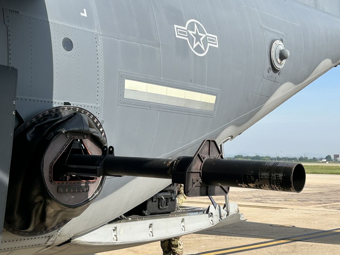 A 105mm howitzer is seen at the rear of a US Air Force AC-130J at Osan Air Base, South Korea, in early June 2024.