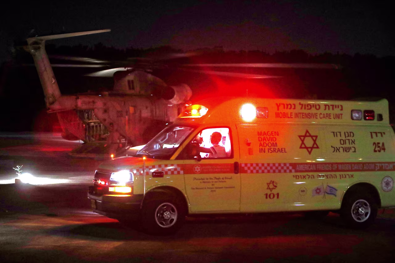 An Israeli military helicopter evacuates injured Jewish pilgrims from Ziv hospital in the Israeli northern city of Safed to the central Israel hospitals.